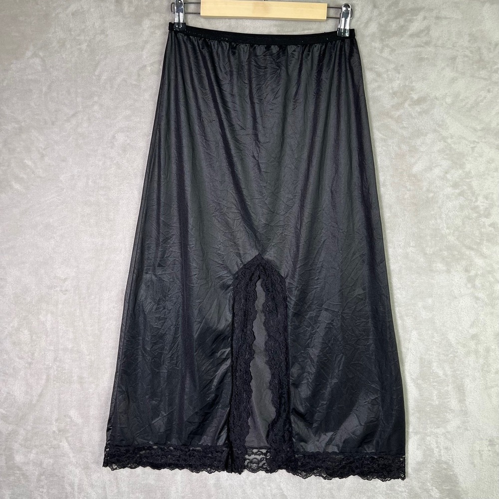 Vintage Opalaire Slip Skirt Small Satin Black Nylon Union Made Lace Trim Slit